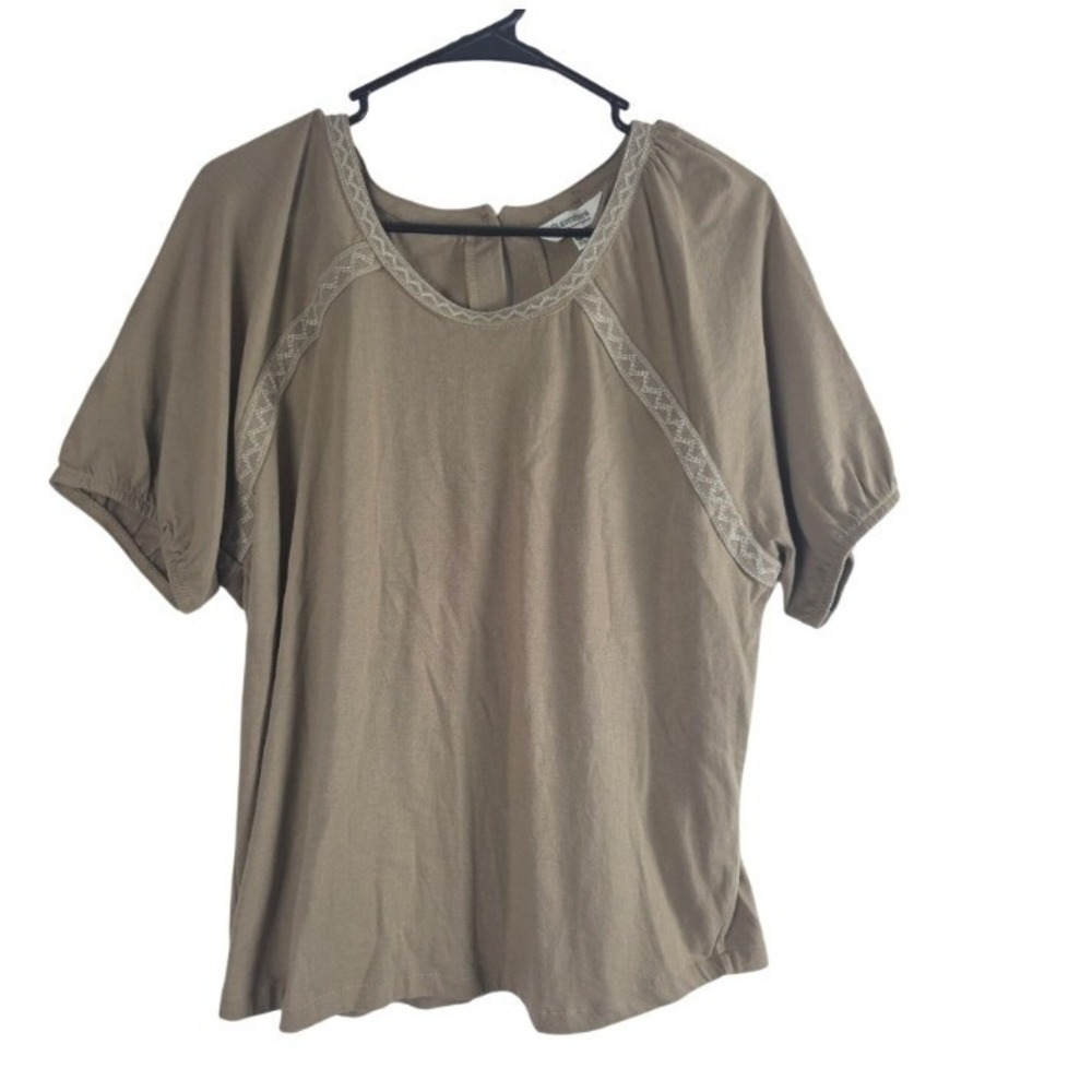 Aventura Embroirdered Top L Womens Brown Short Sleeve Key‎ Hole Back Pullover